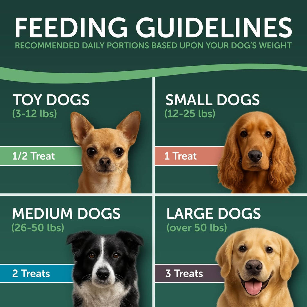 Dog treat feeding guidelines chart showing toy, small, medium, and large portions