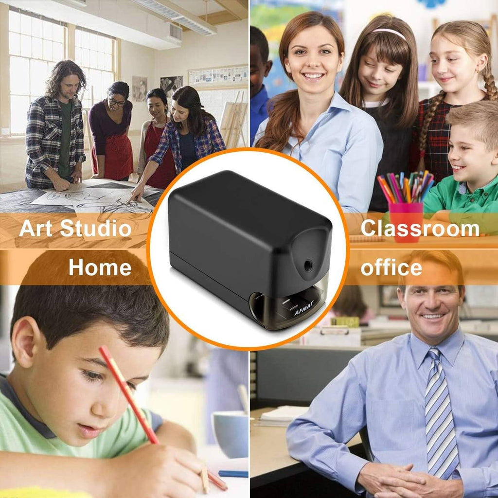 Black electric pencil sharpener shown in an inset for classroom or office