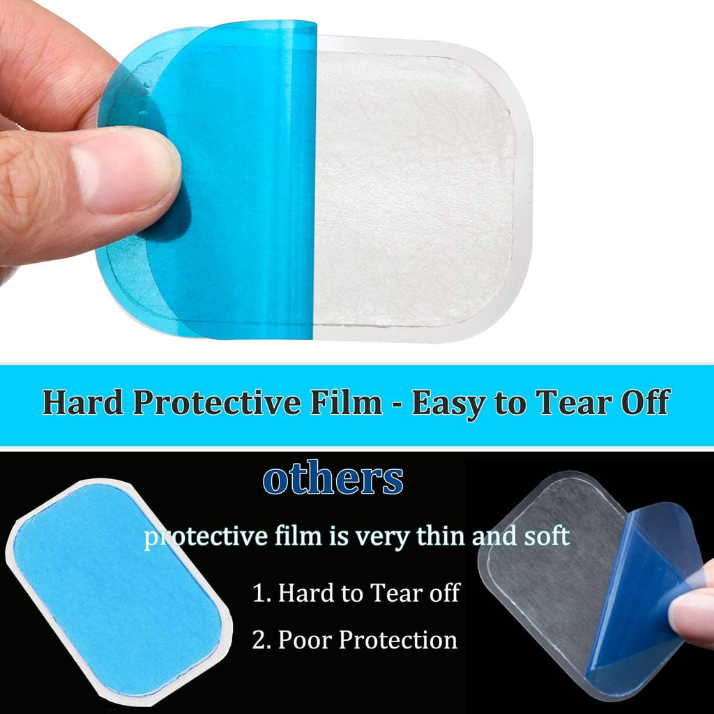 Blue and white gel stimulation pad with protective film, held in a hand