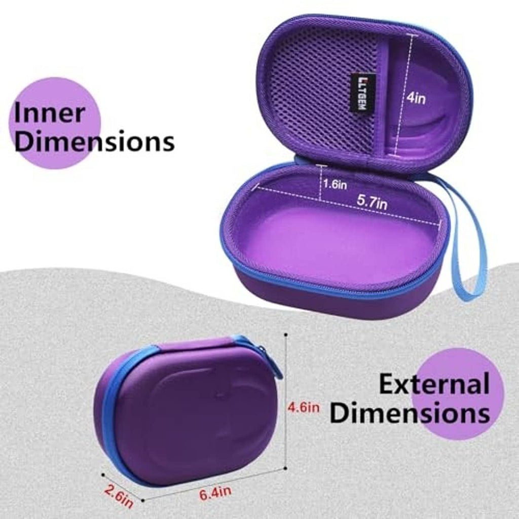 Purple speaker case with open lid and molded interior, shown with blue zipper strap
