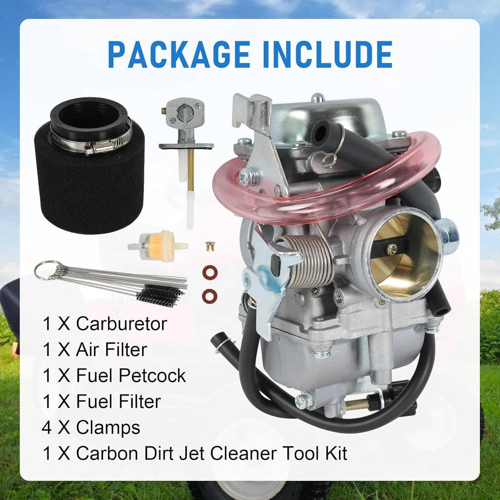 Carburetor replacement kit contents: silver carb with red air intake cover and foam filter