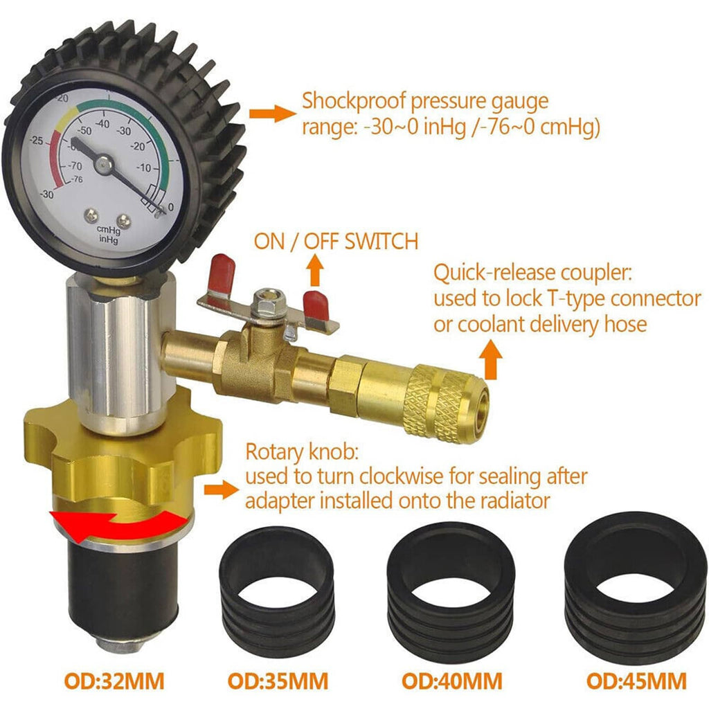 Brass coolant vacuum connector with pressure gauge, quick-release coupler and rubber adapters