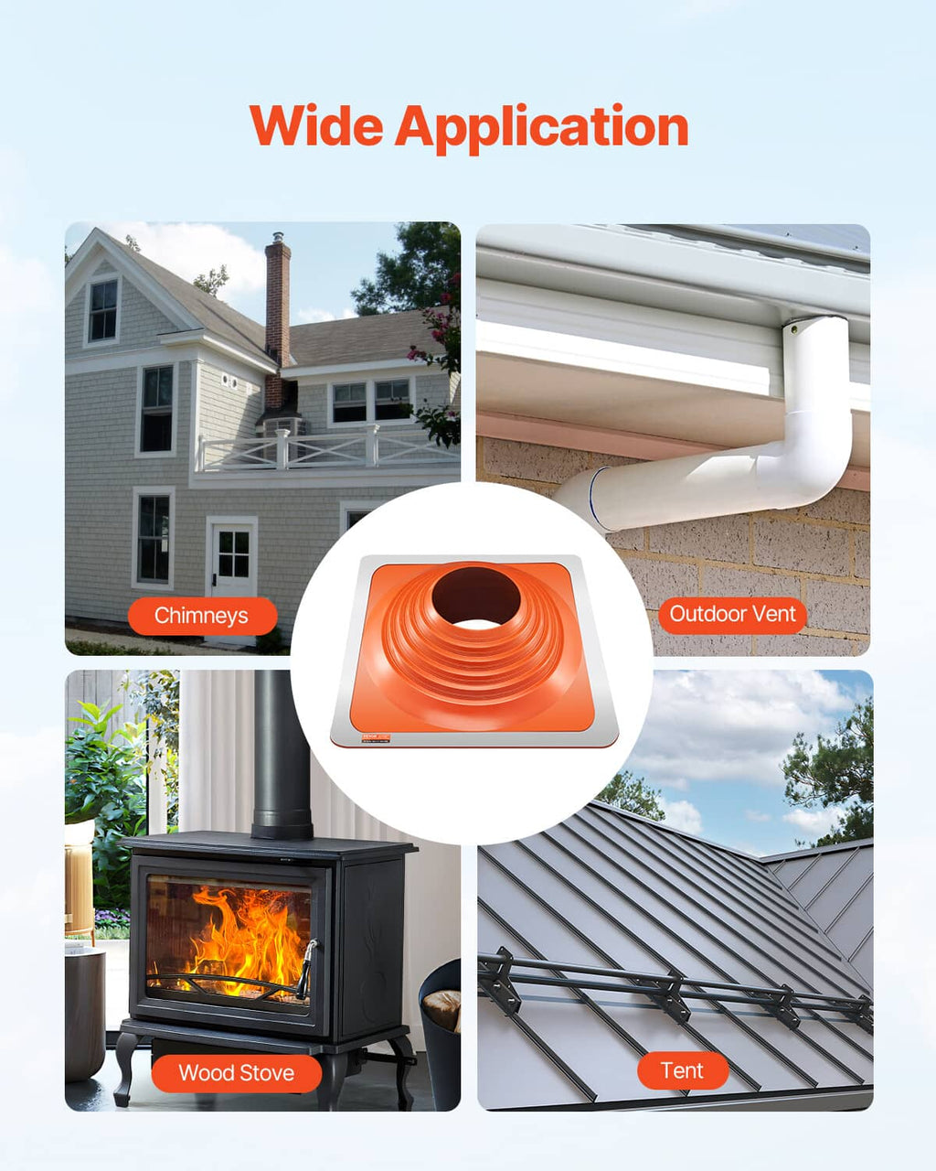 Orange flexible silicone roof pipe flashing boot used on chimney, stove pipe, and outdoor vent