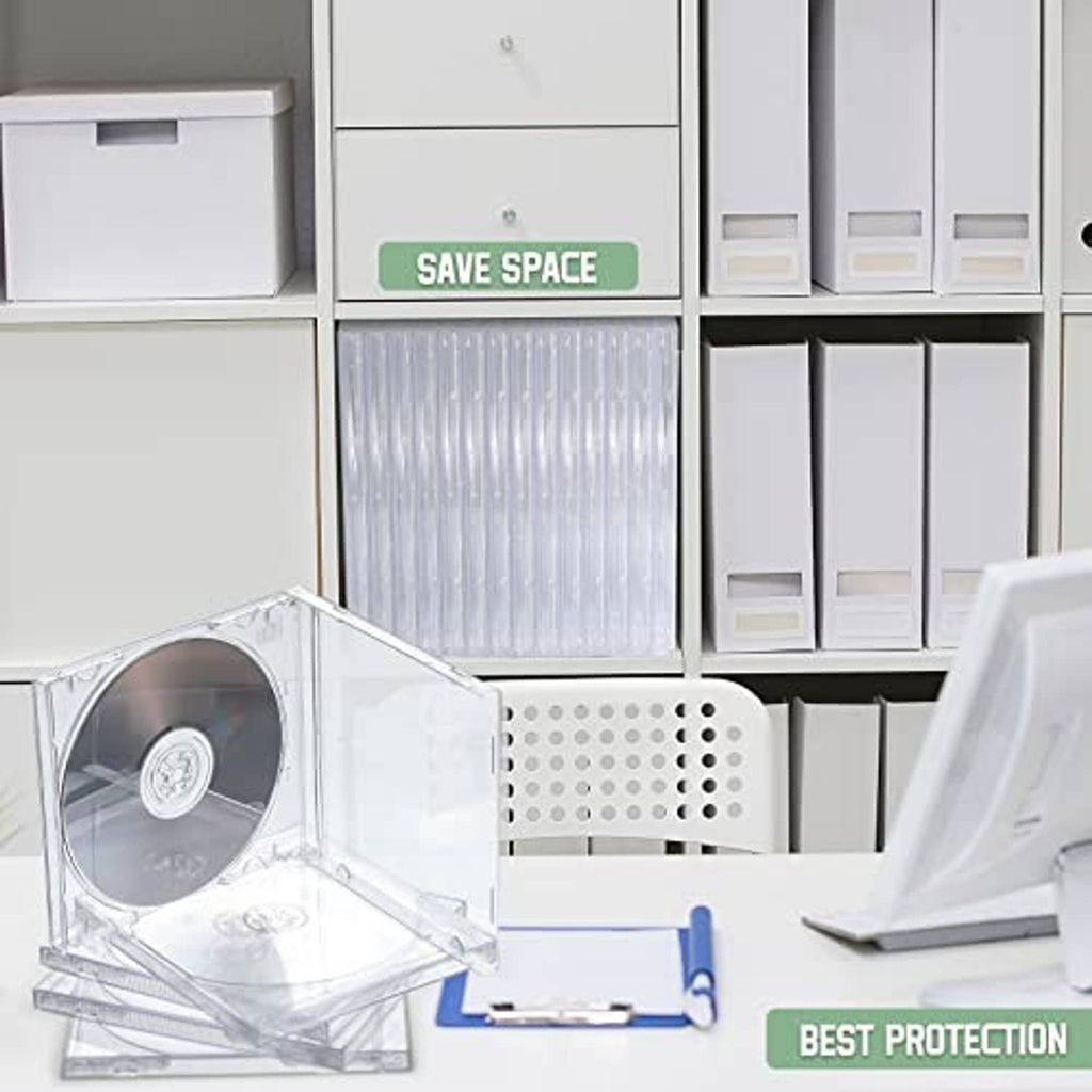 Clear CD jewel cases with opened door, showing protective plastic tray and fit