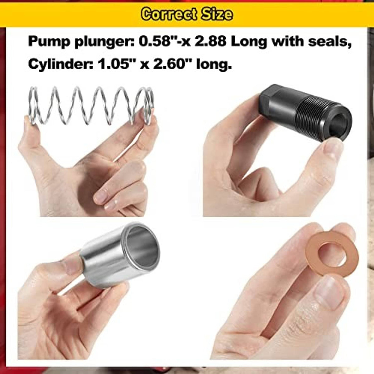 Pump plunger kit parts held: black threaded housing, coiled spring, metal cylinder, gasket