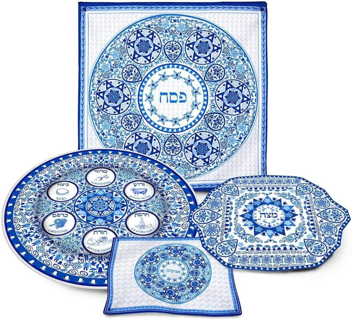 Porcelain Passover dinnerware set, blue-and-white plates and serving dishes