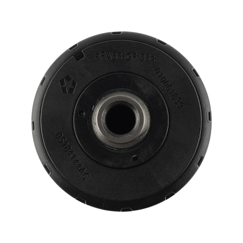 Right side exhaust camshaft end face with circular center bore on black hub