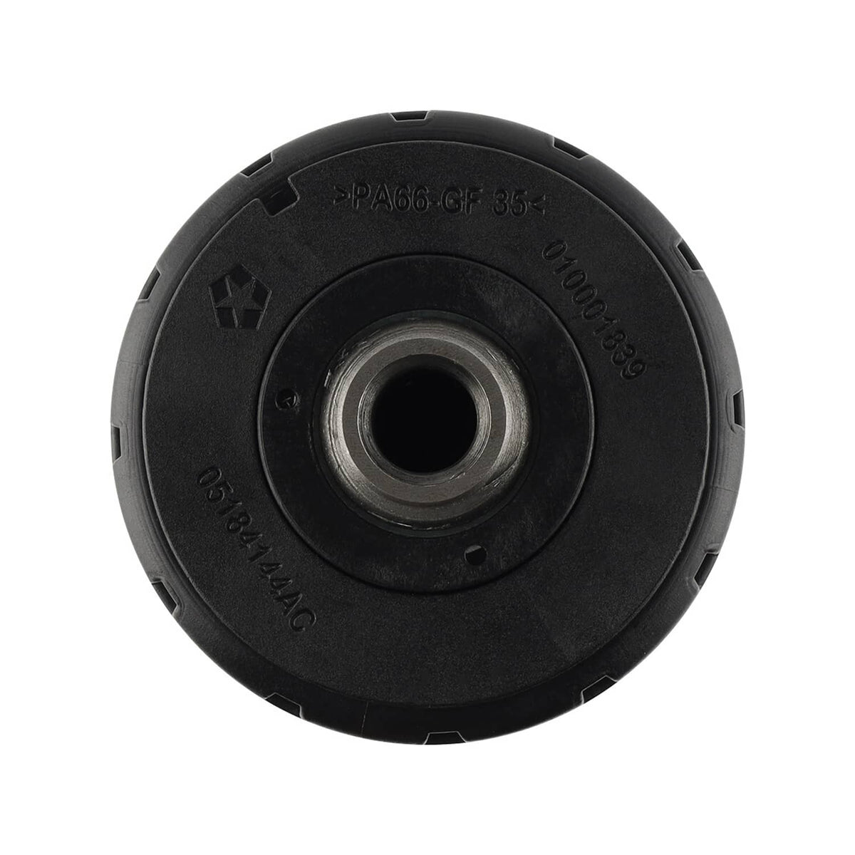Right side exhaust camshaft end face with circular center bore on black hub