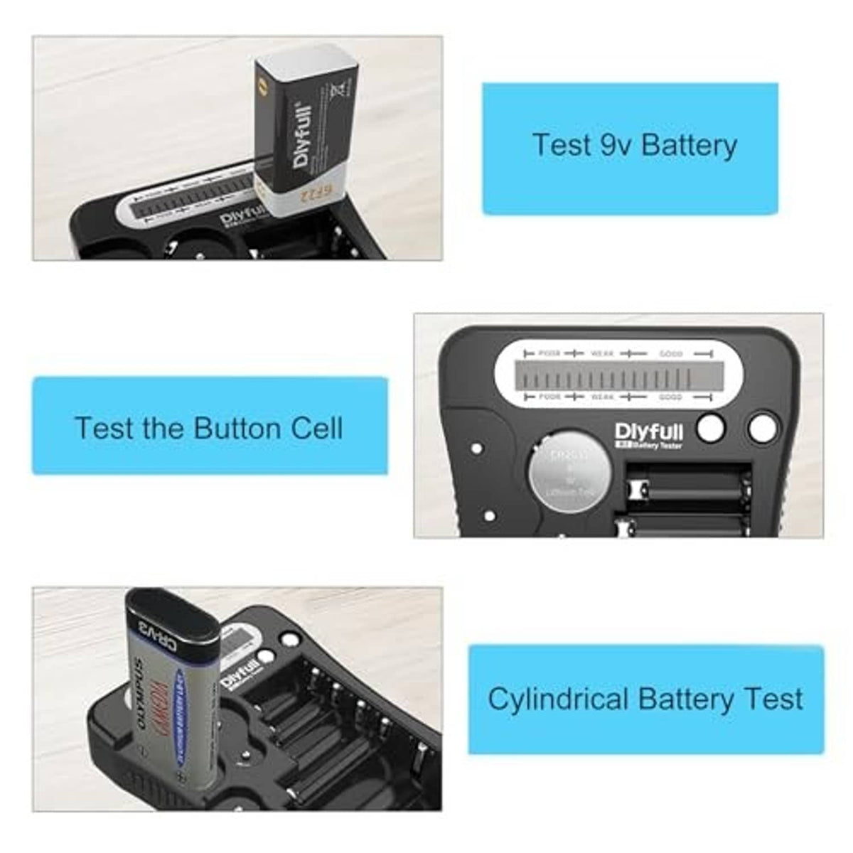 Battery tester with LCD display, shown testing a 9V battery connector slot