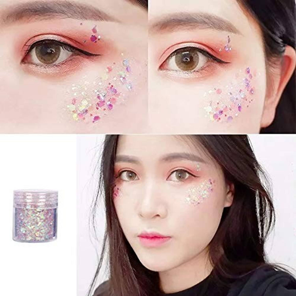 Face glitter makeup with pink and gold sparkles under the eyes and on cheek