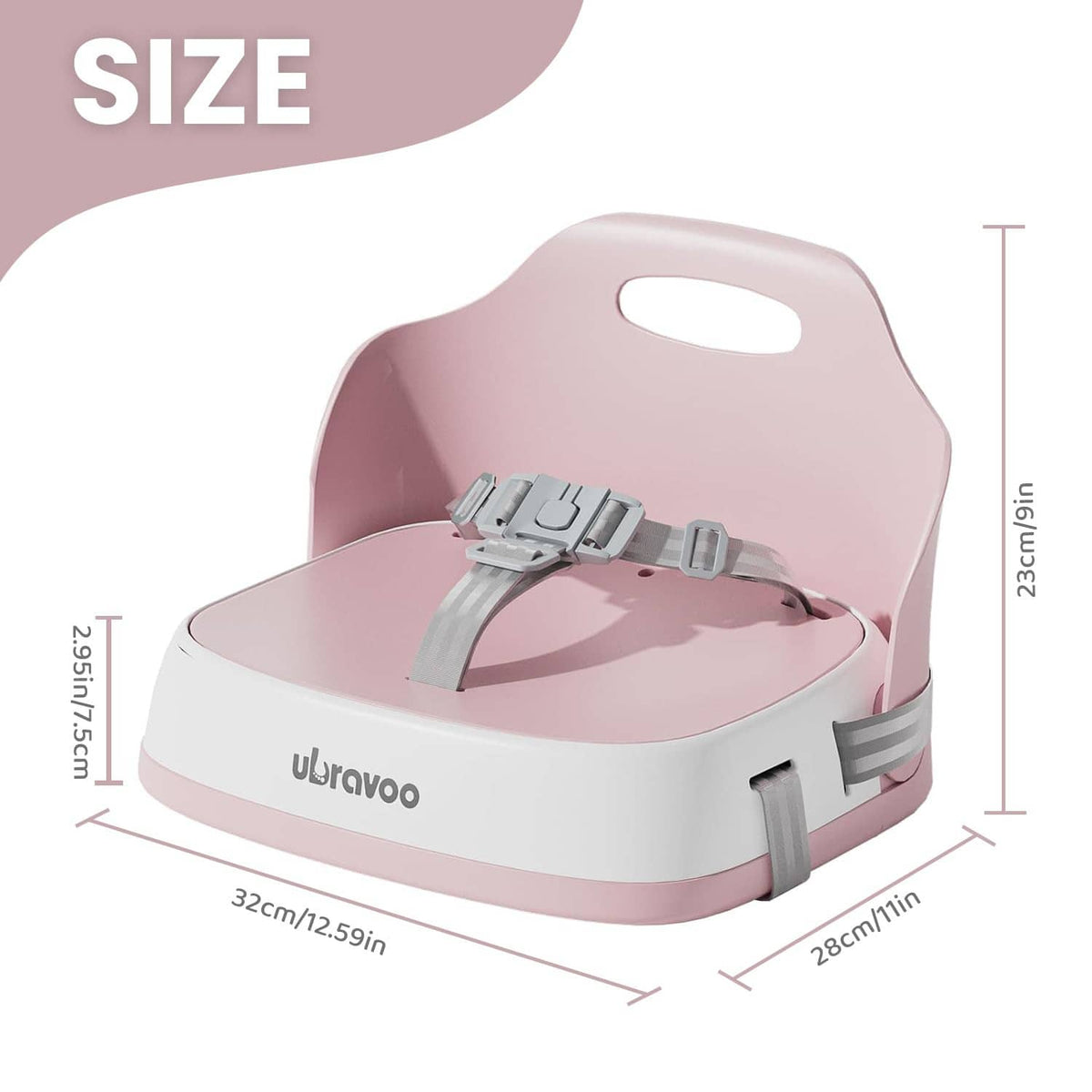 Pink and white portable booster seat with gray buckle straps and seat back