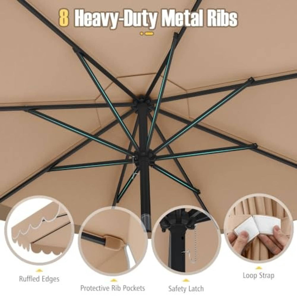 Underside view of beige two-tier umbrella frame with heavy-duty metal ribs