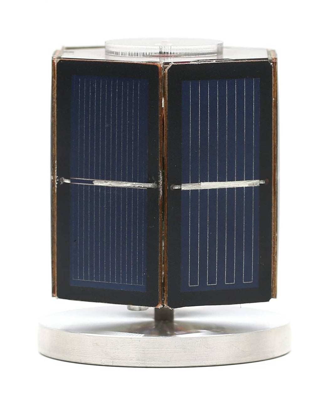 Solar motor educational toy with blue solar panel cube and round metal stand base
