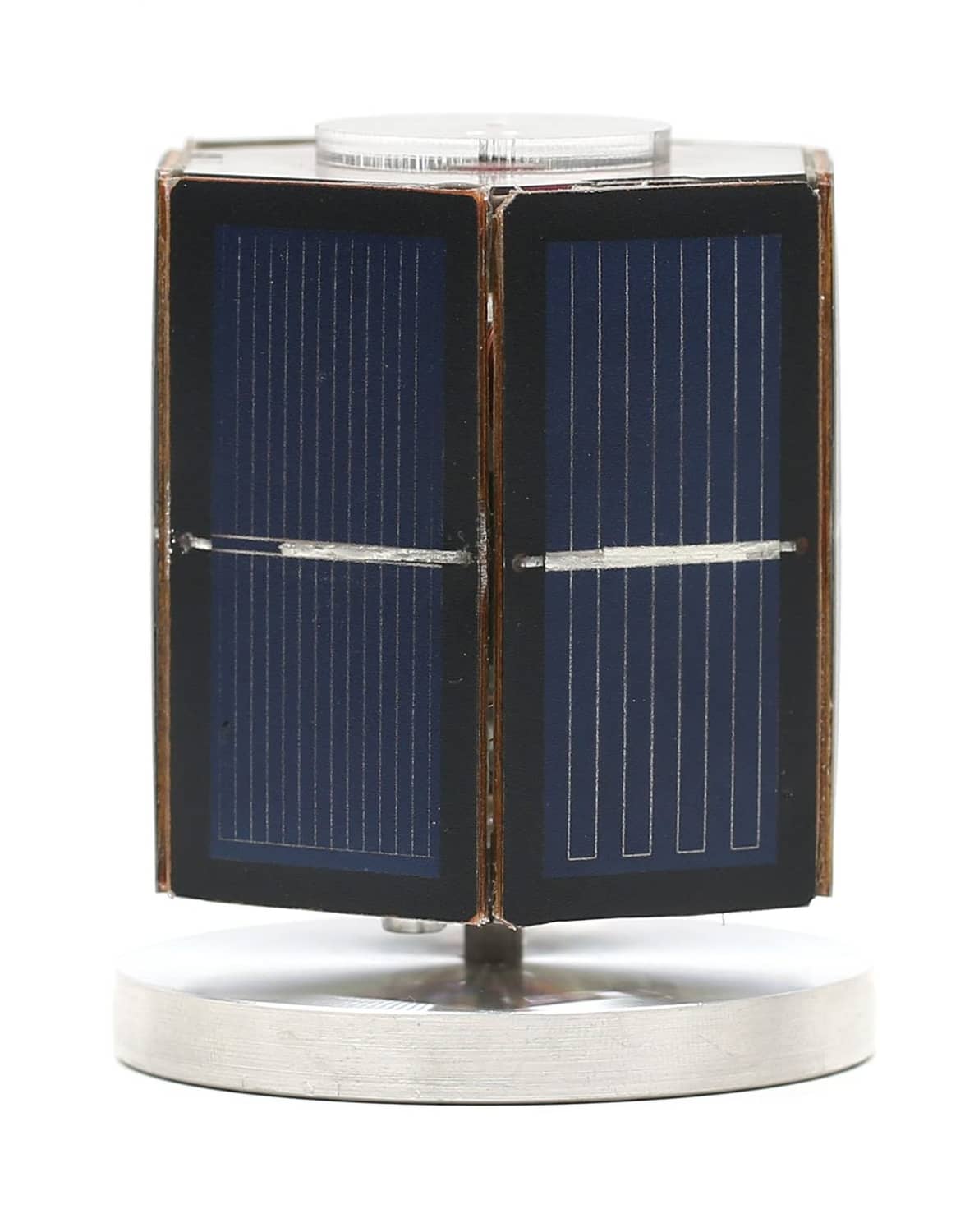 Solar motor educational toy with blue solar panel cube and round metal stand base