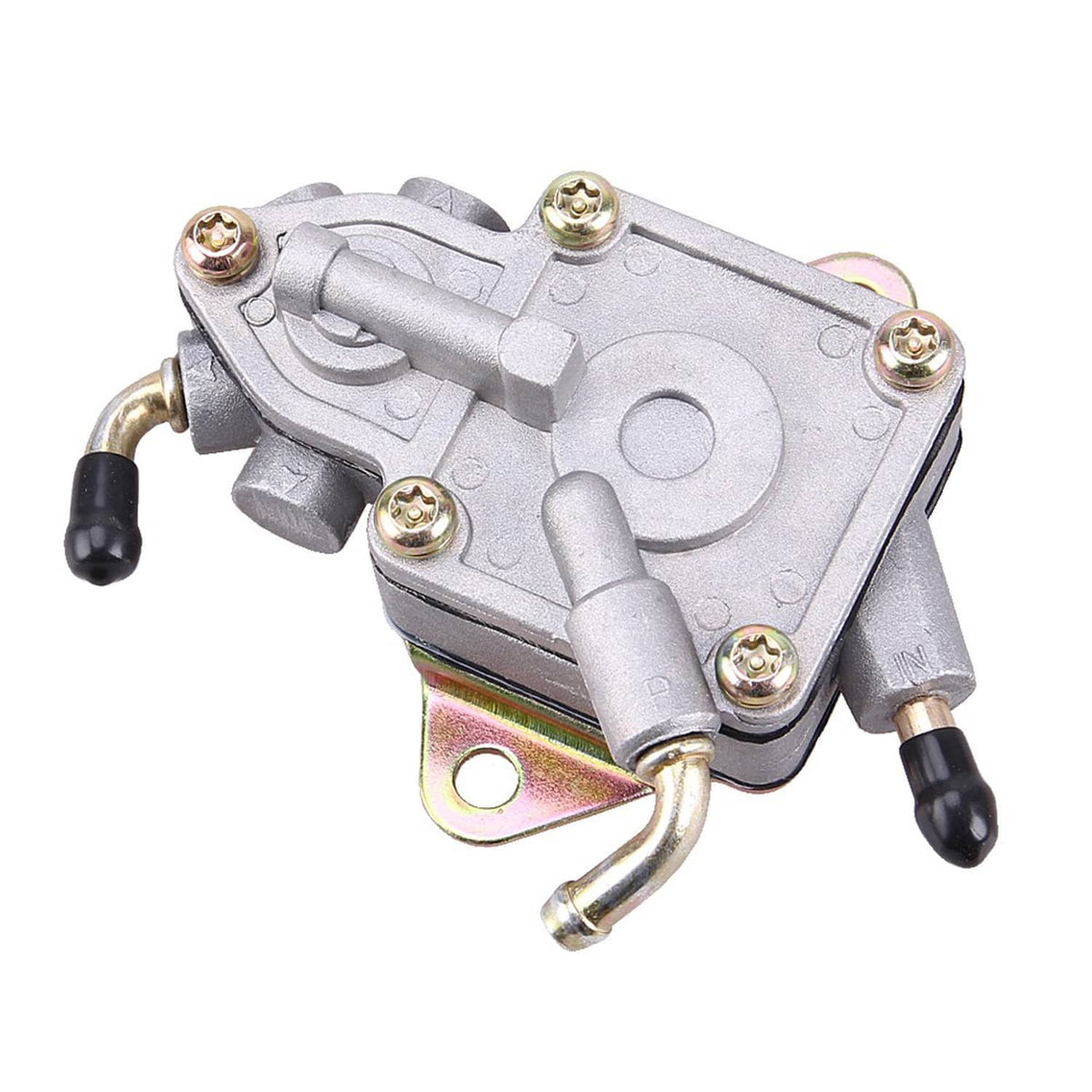 Grey fuel pump with gold screws, black hose ends, and curved fuel line