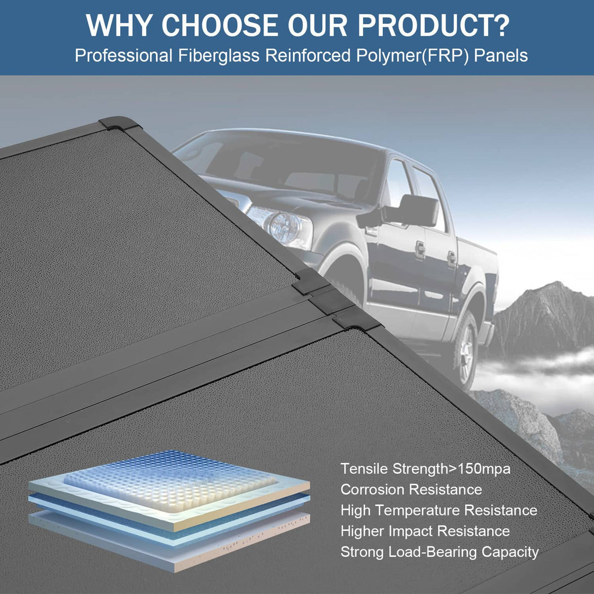 Hard tri-fold tonneau cover with textured gray panel surface and reinforced look