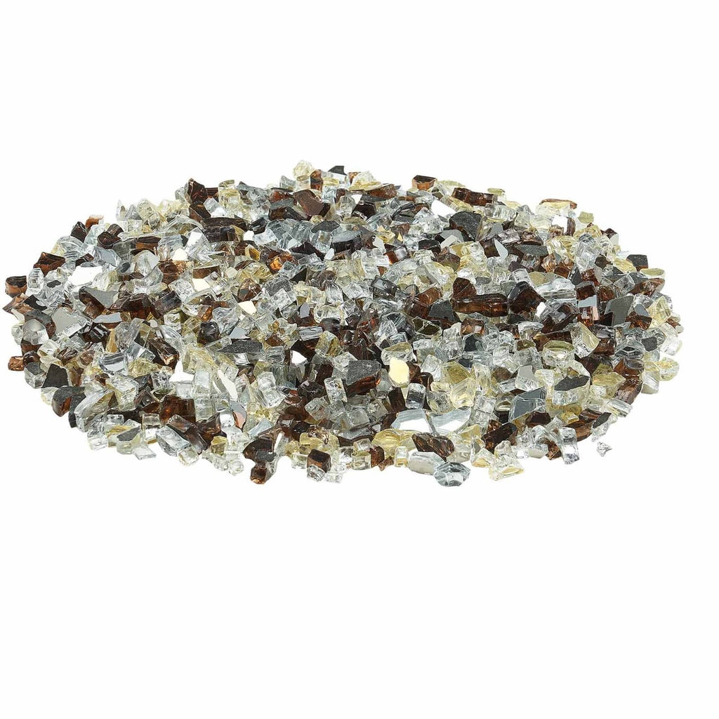 Mixed clear, copper, and gold glass fire pit rocks, scattered pile