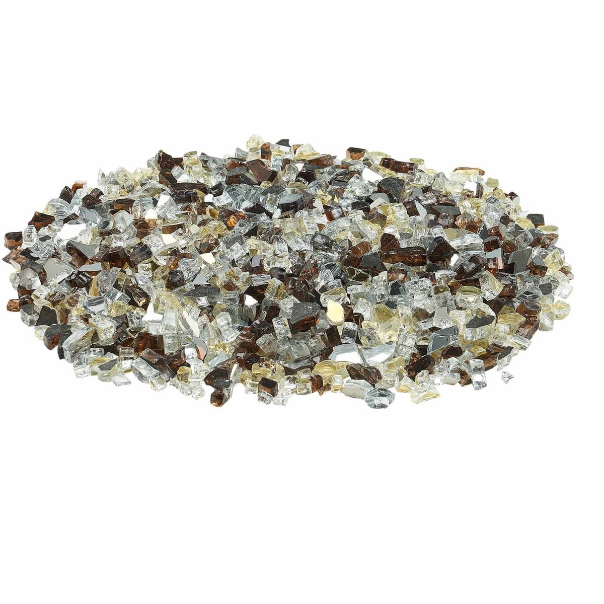Mixed clear, copper, and gold glass fire pit rocks, scattered pile