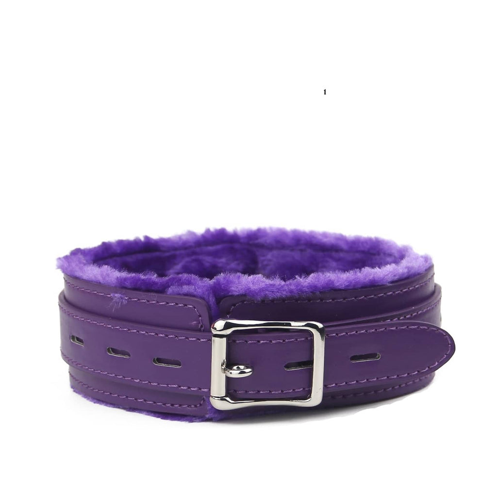 Purple leather choker collar with silver buckle lock and plush lining