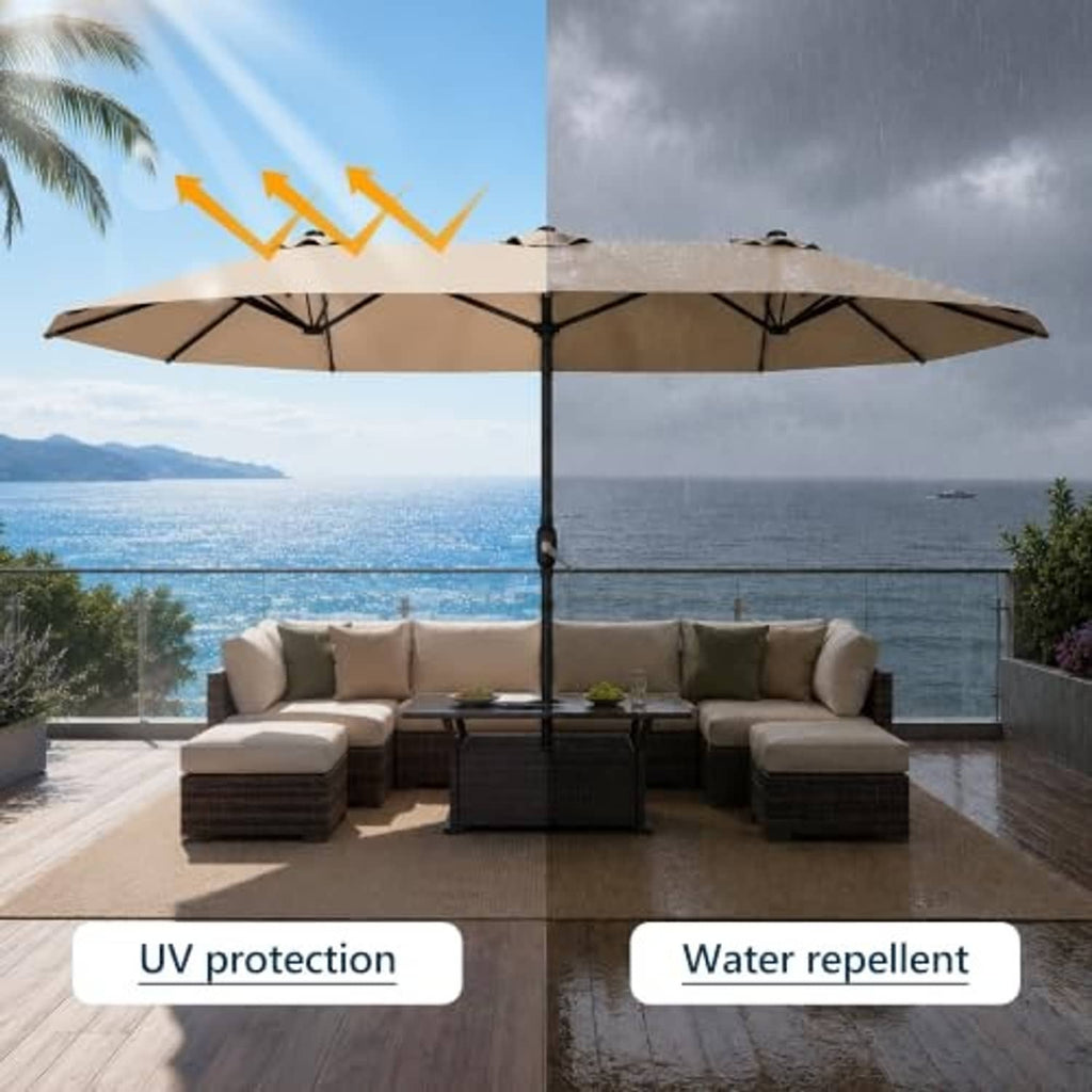 Beige patio umbrella with replacement canopy, three grommet vents