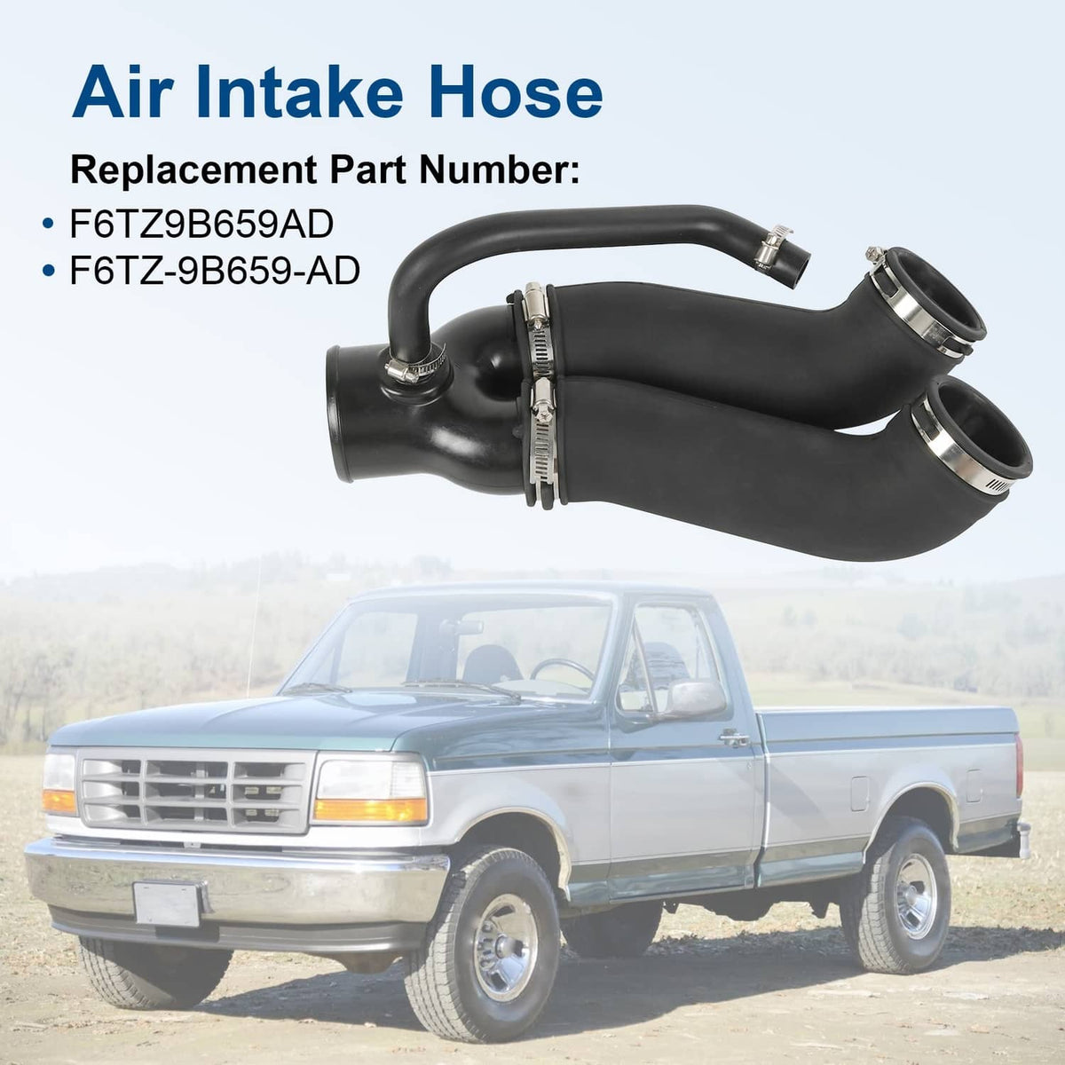 Black air intake hose with two outlet ends and metal band clamps