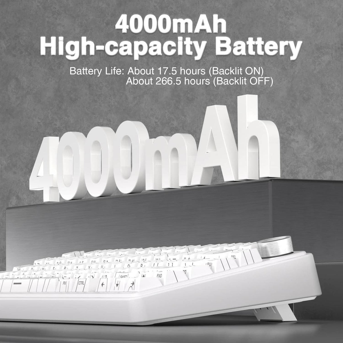 White mechanical keyboard side profile with high-capacity 4000mAh battery display