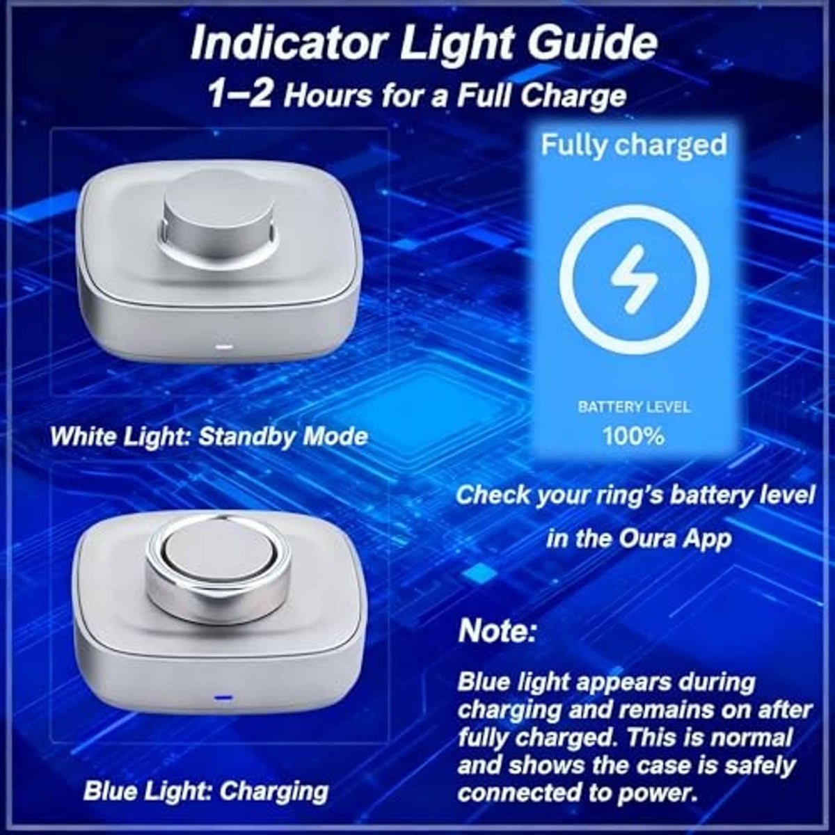 White smart ring charging dock with circular contact and blue charging indicator graphic