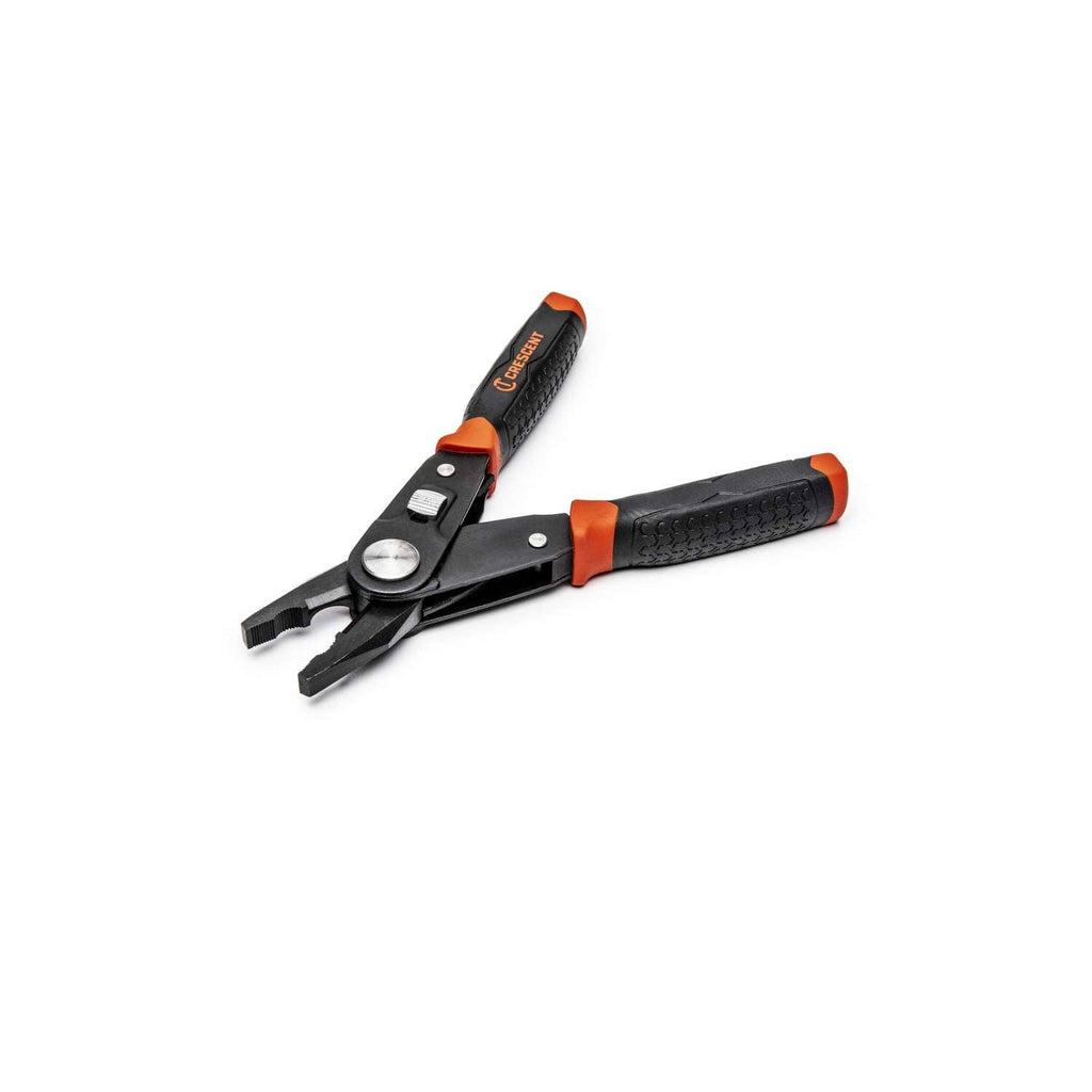 Lineman’s pliers with orange-and-black handle; wire stripping notches near the jaws.