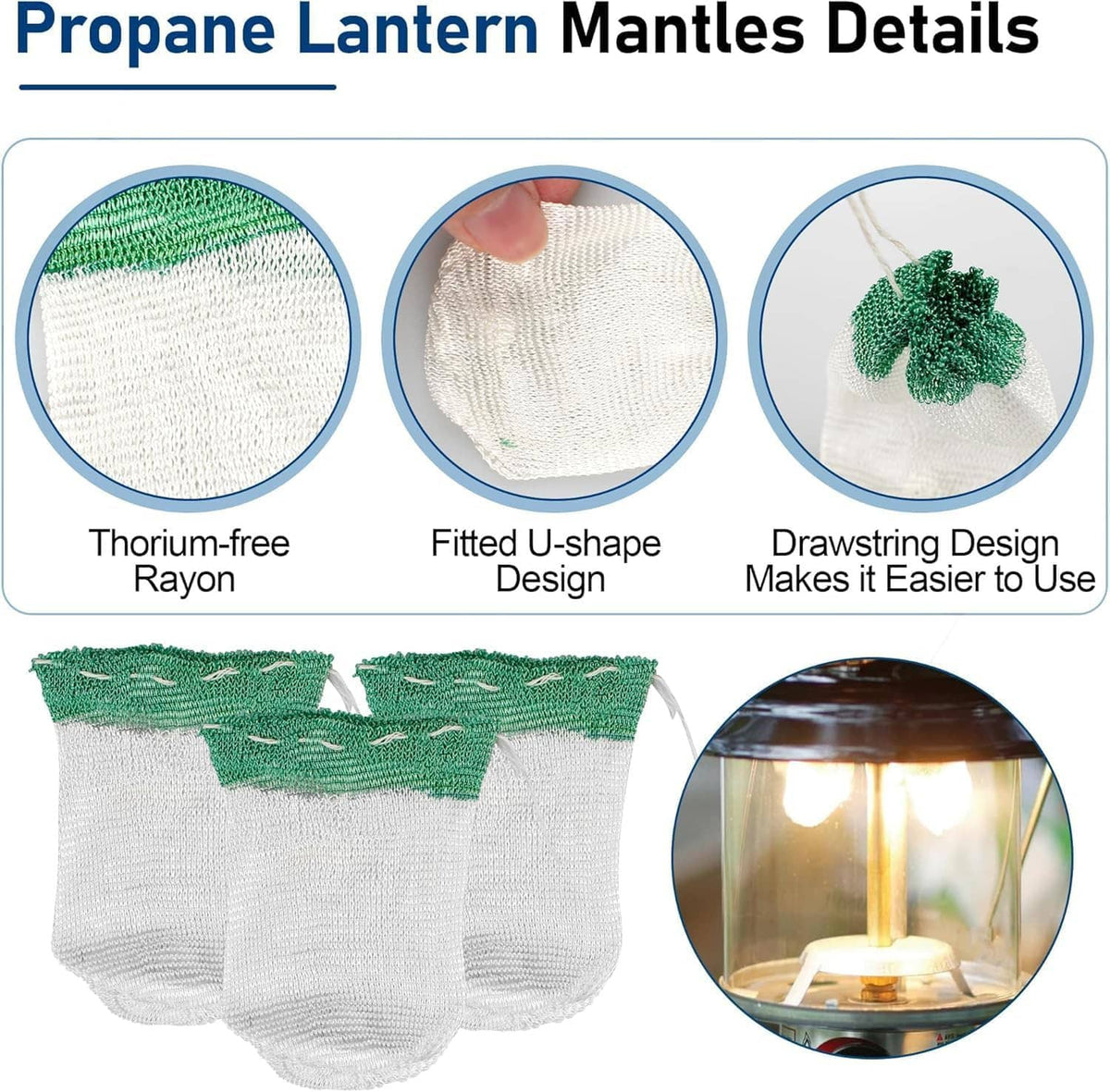 Green-and-white lantern mantles details: fitted U-shape with drawstring design