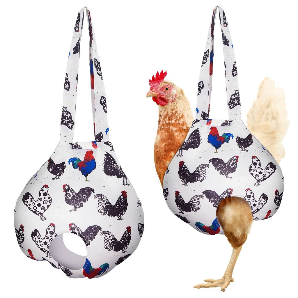 Chicken holder carrier tote, white with colorful chicken pattern, two side handles