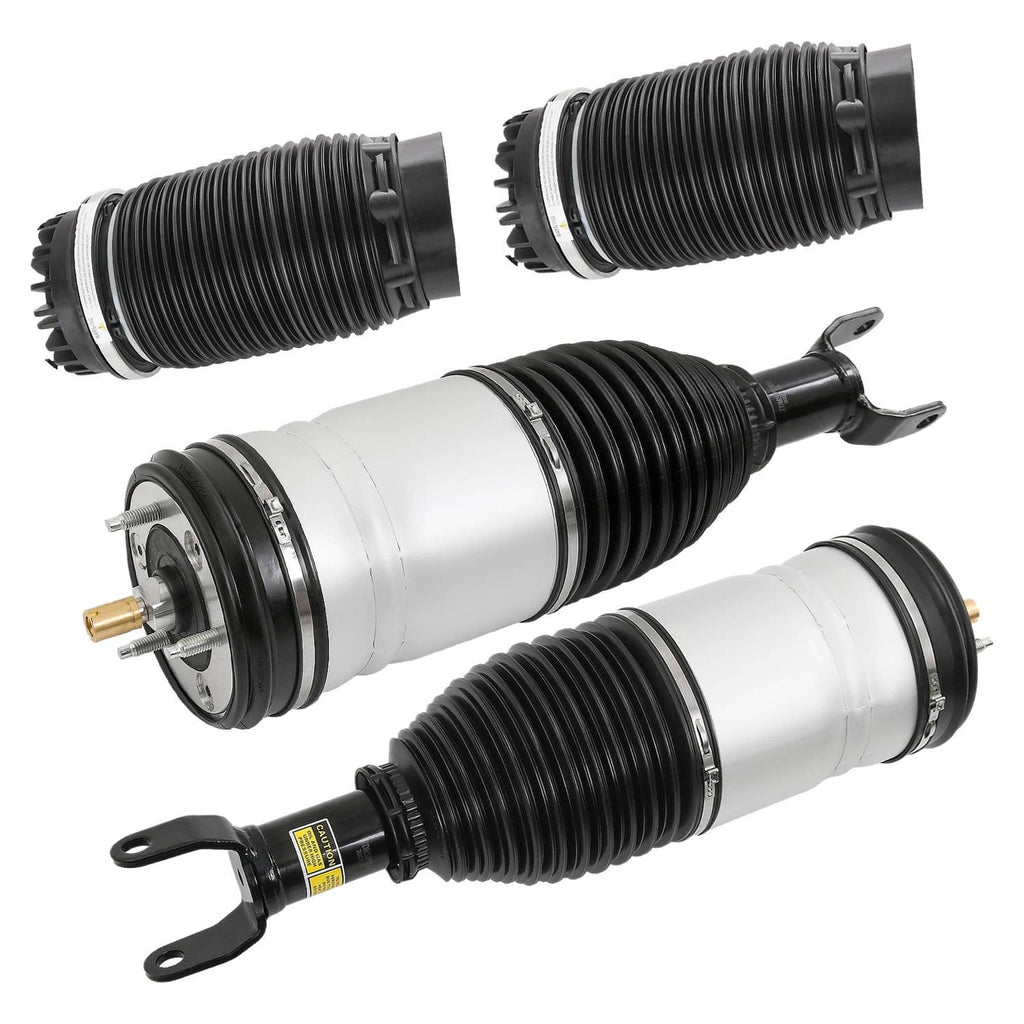 Air suspension struts, angled views of four black-and-white spring assemblies with end caps