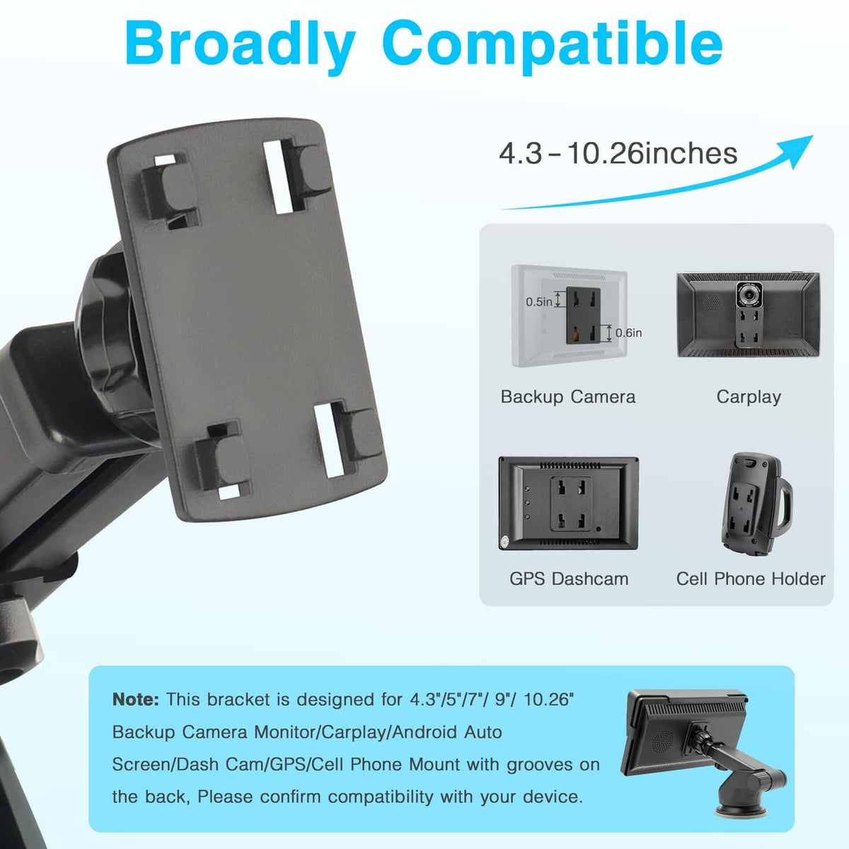 Universal suction mount clamp bracket for 4.3–10.26 in screens, black