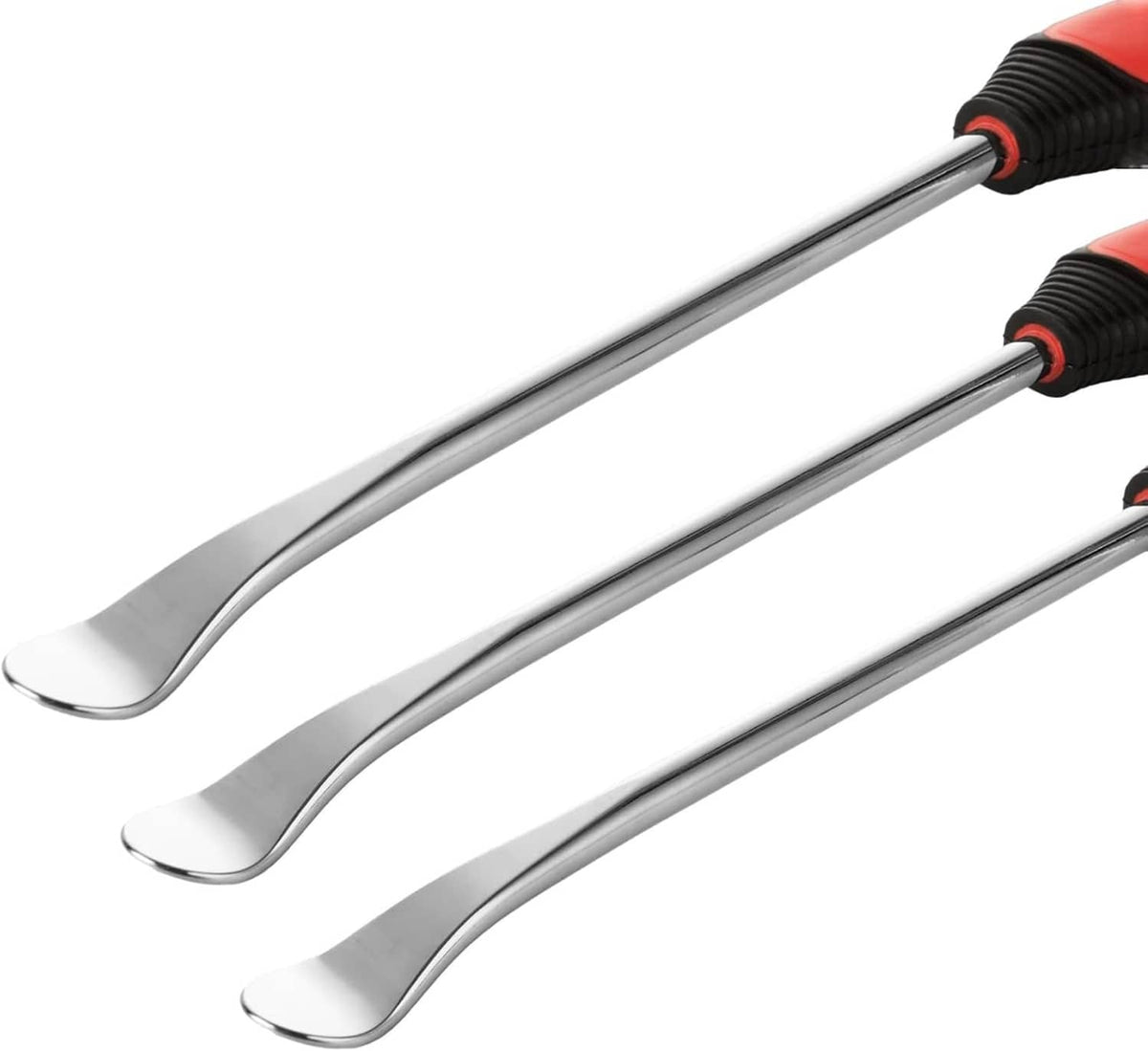 Chrome tire levers with red ribbed non-slip grips and curved pry tips