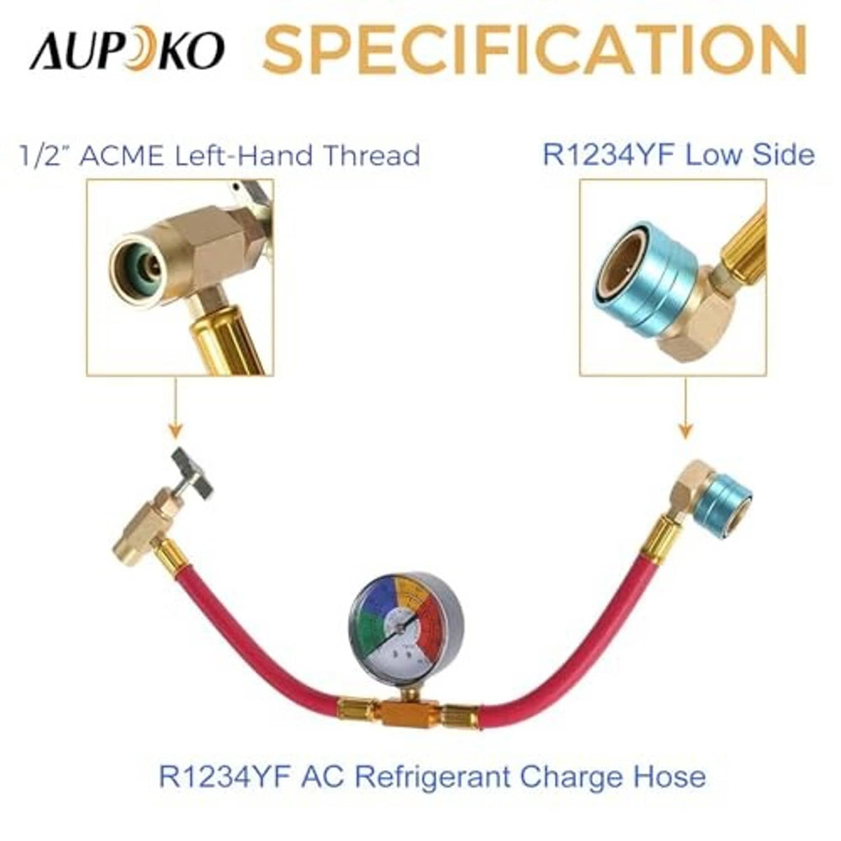 Refrigerant charge hose kit with pressure gauge and low-side AC fitting connections.