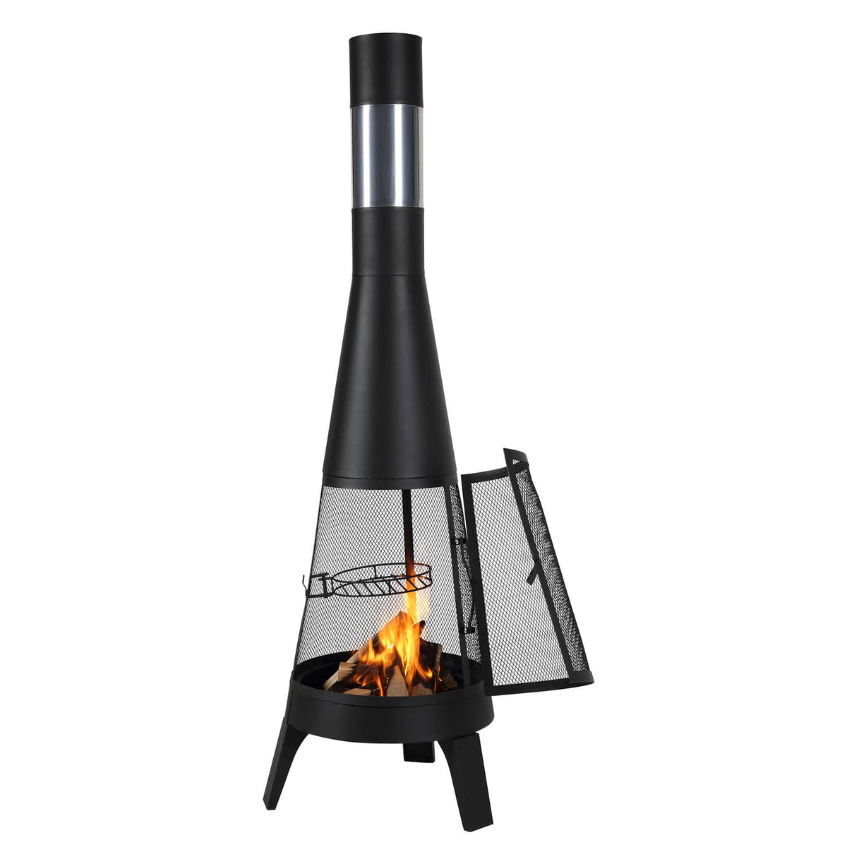 Outdoor chiminea firepit with open side mesh panel and tall stainless chimney over flames