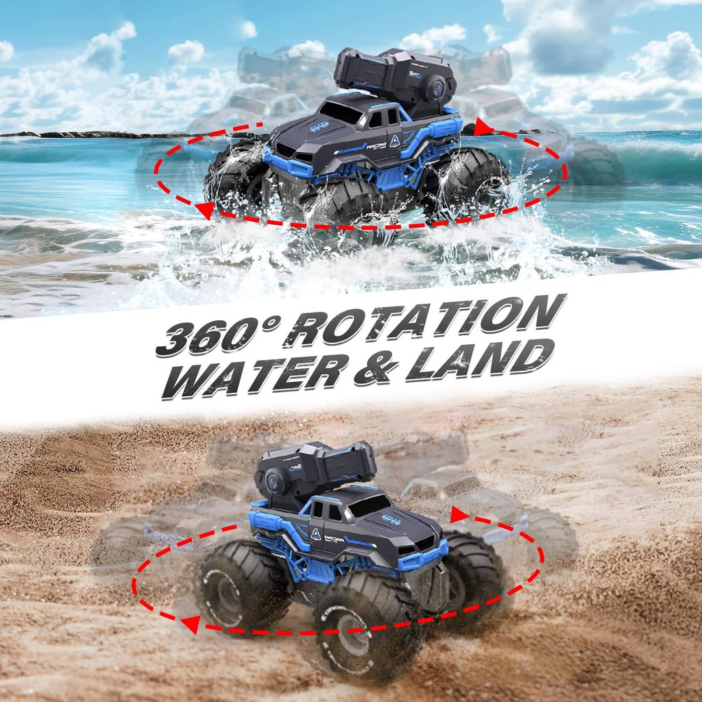 Blue and black amphibious RC truck on sand, designed for water and land driving