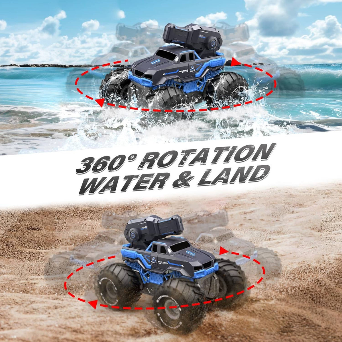 Blue and black amphibious RC truck on sand, designed for water and land driving