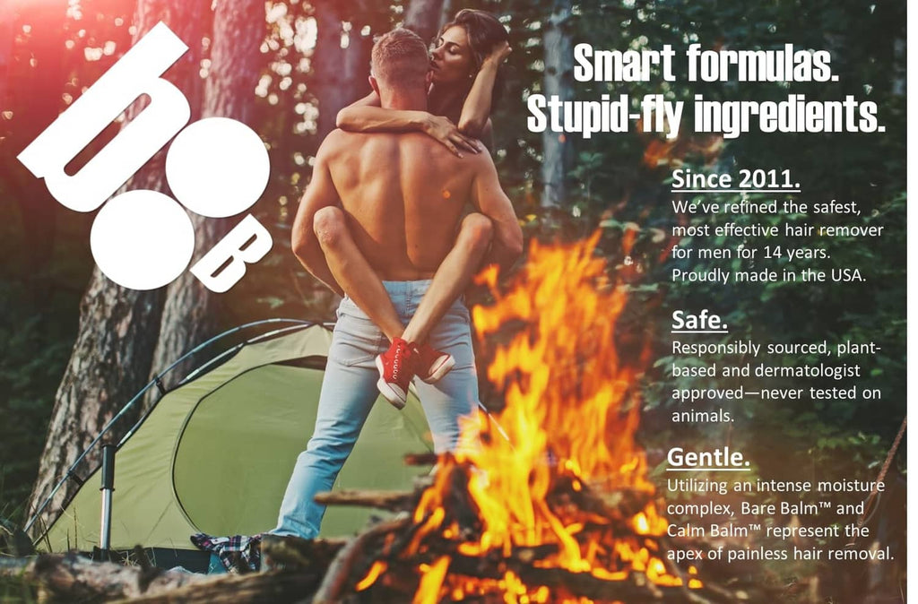 Body hair management cream promo scene with person by fire and safety messaging