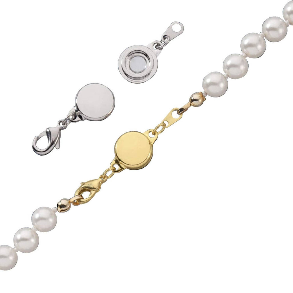 Magnetic jewelry clasp with round discs and chain links, gold and silver with pearl-style charm