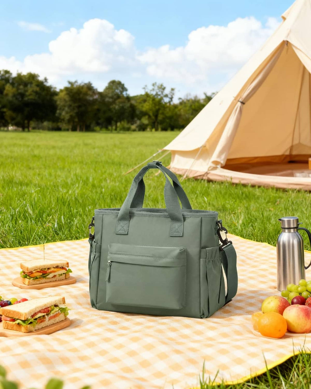 Insulated lunch tote bag in olive green, top handles and shoulder strap