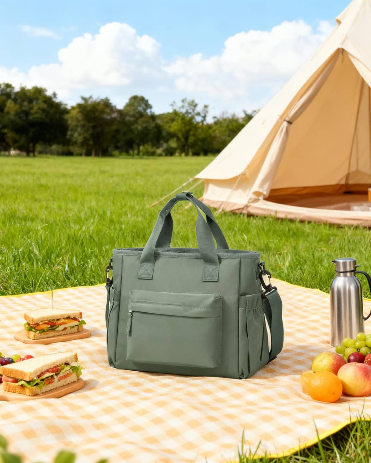 Insulated lunch tote bag in olive green, top handles and shoulder strap