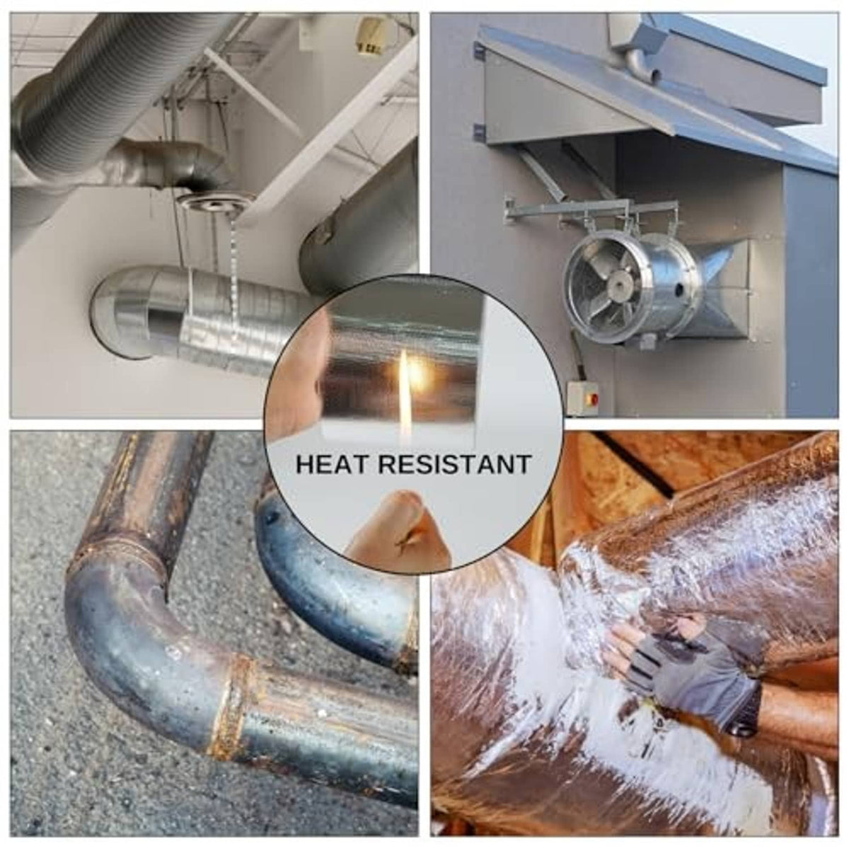 Heat shield tape applied to metal pipes and HVAC ductwork for high-heat areas