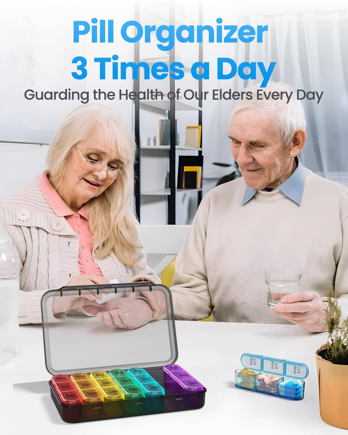 3-times-a-day pill organizer with colorful weekly trays in a clear-lid case