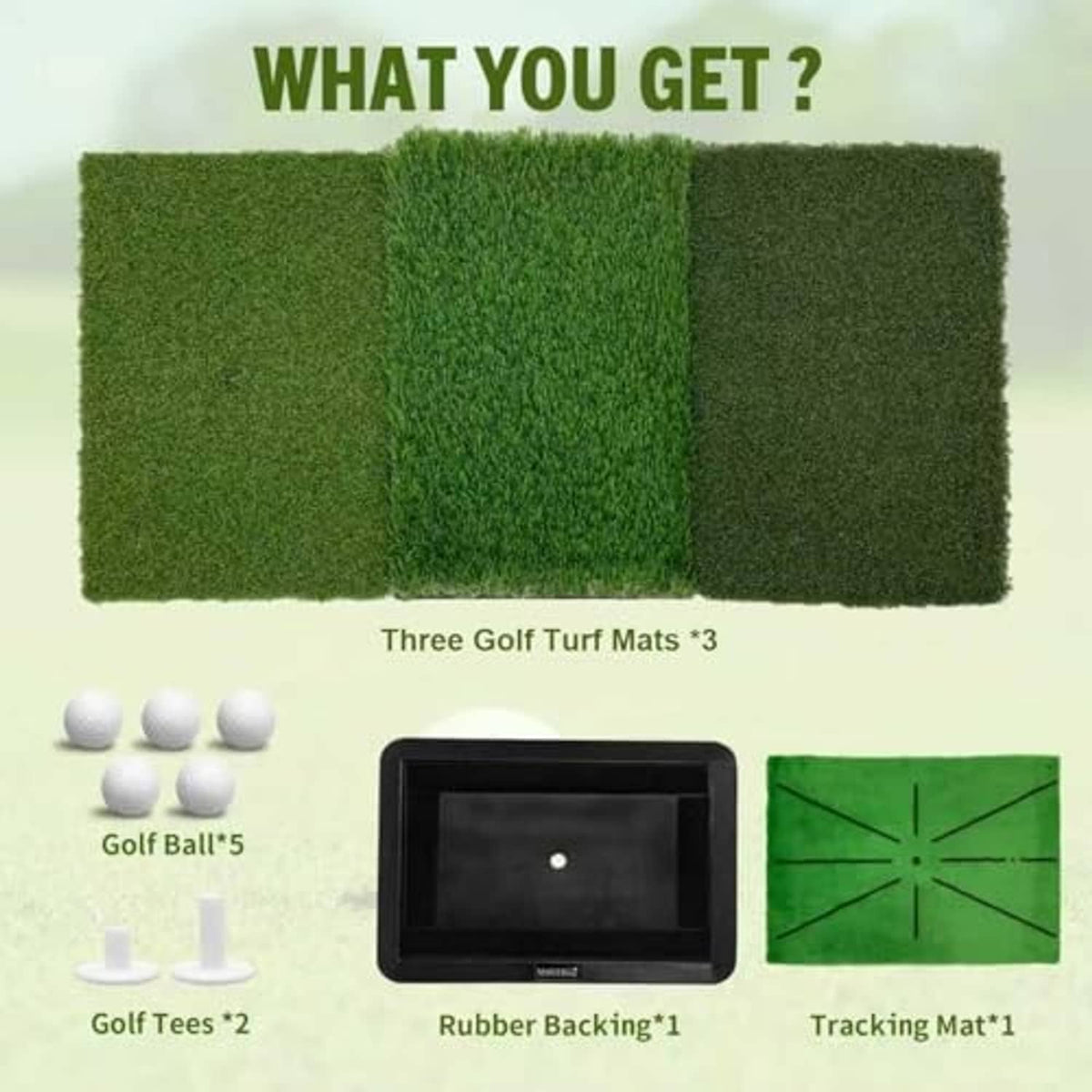 Three green turf mat sections with rubber backing and tracking mat accessory pieces