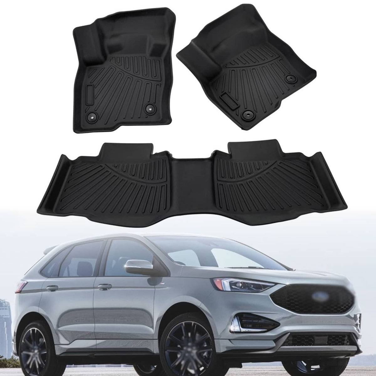All-weather 3D TPE car floor mat set, black, contoured ridges and snap retention holes