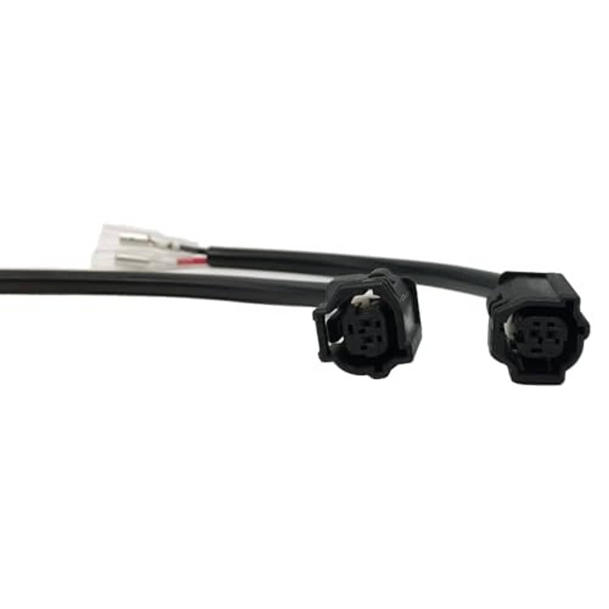 Motorcycle light wiring harness with two black connector ends and transparent wire leads