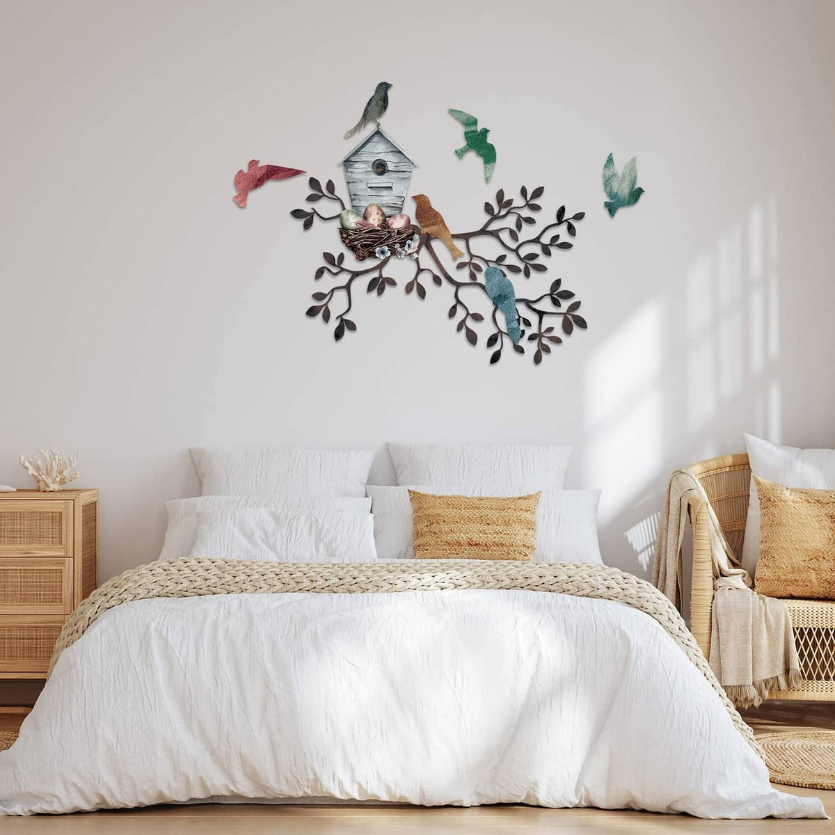 Multicolor metal bird wall art with branch vines, leaf cutouts, and perched birds