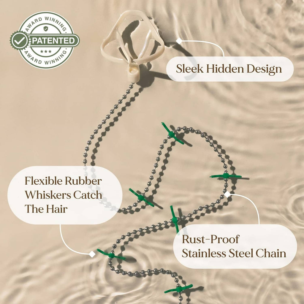 White drain hair catcher with sleek hidden design, flexible chain, and green whiskers