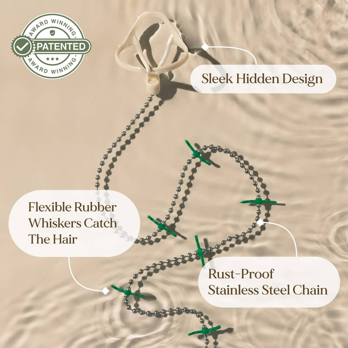White drain hair catcher with sleek hidden design, flexible chain, and green whiskers