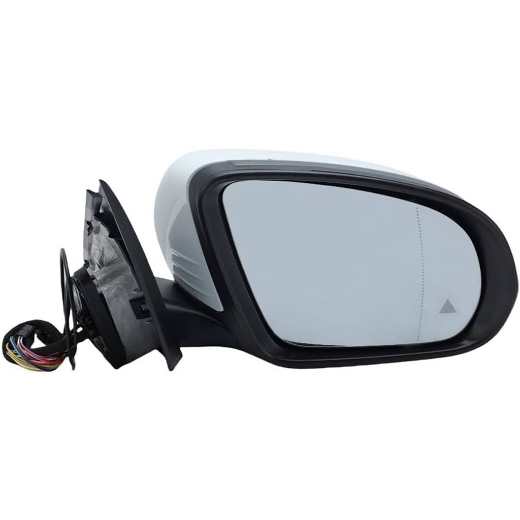 Heated blind spot side mirror with black frame and white cap, wiring on rear